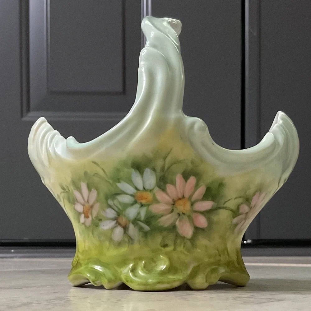 Vintage Hand Painted Porcelain Floral Basket Green Pink Daisy Twisted Handle